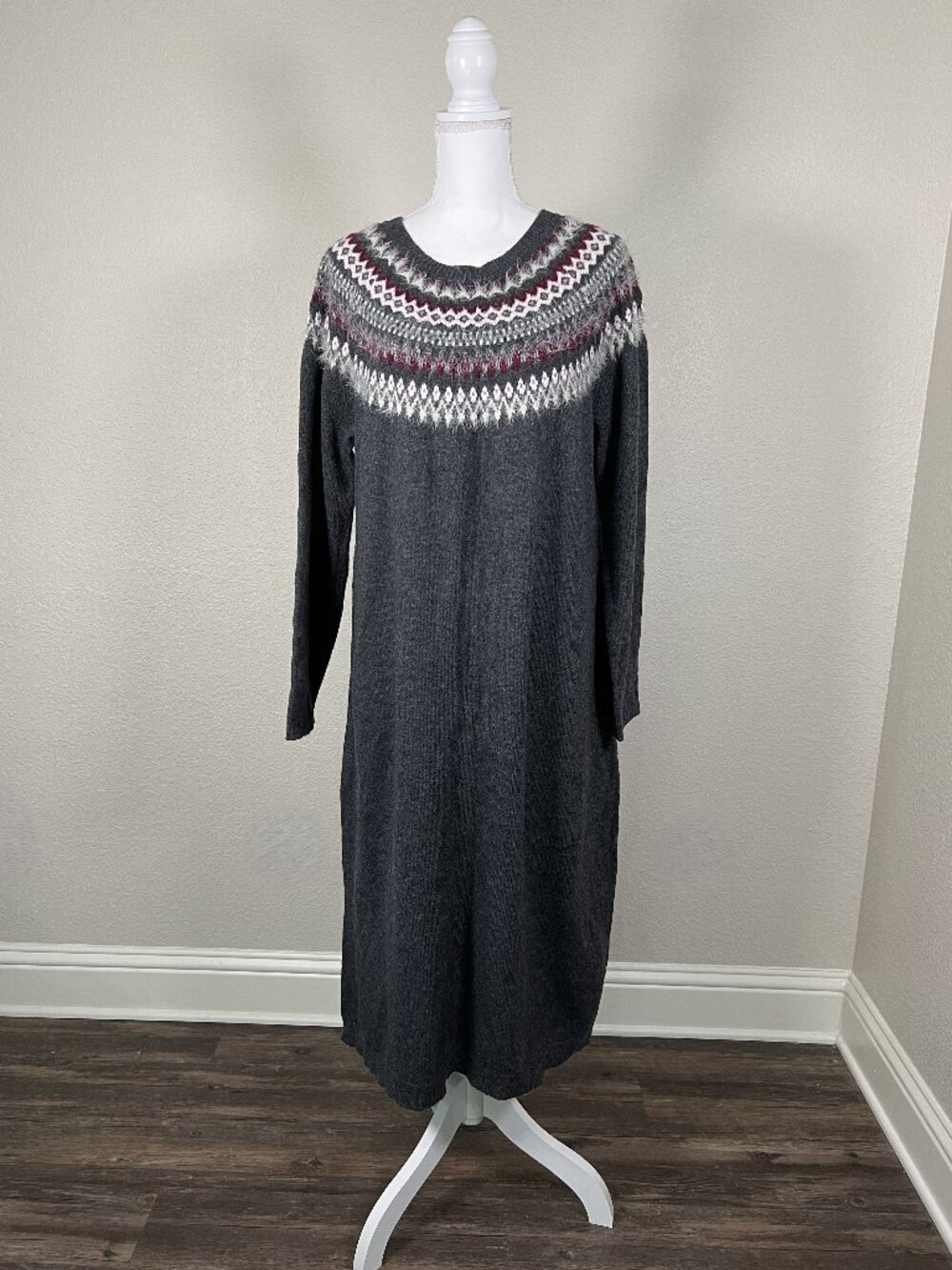 J. Jill Women’s Fair Isle Nordic Knit Sweater Dress Fuzzy Gray Burgundy XL Long